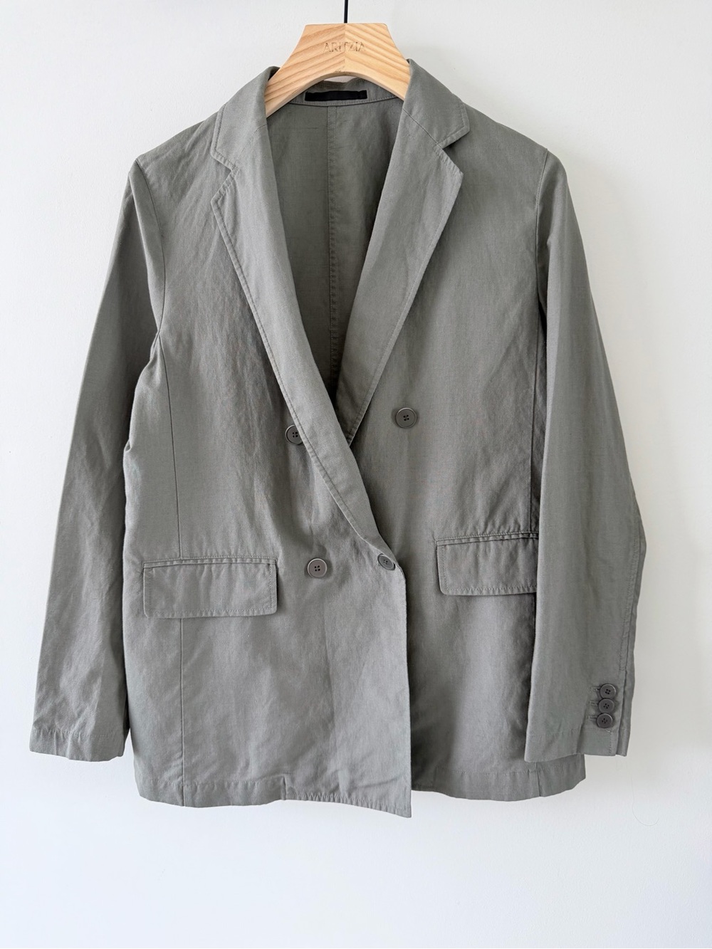 Uniqlo Linen Blend Double Breasted Blazer Olive Gray Office XS Minimalist - Picture 2 of 15